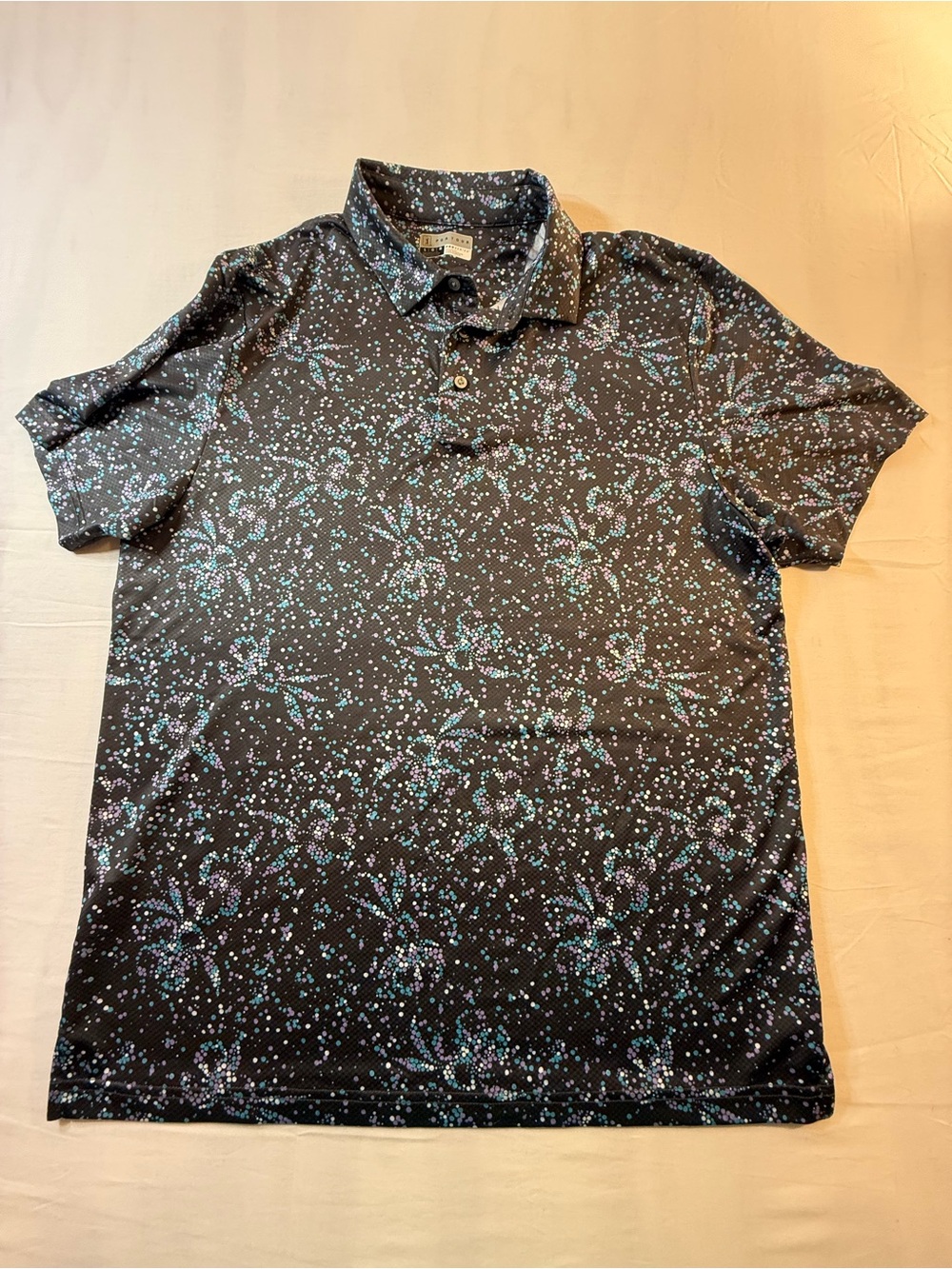 PGA Tour Black Polo with Teal Floral Dot Print